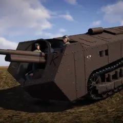 Ein Saint-Chamond-Panzer mit zwei Soldaten im offenen Kampfraum fährt über ein Feld.