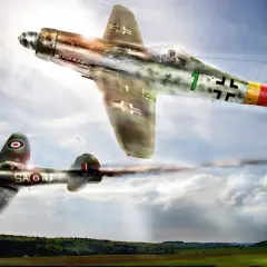 Ein Fw 190 ta 152 jagt einen Mustang über ein Feld.