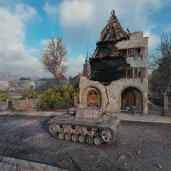 Ein Panzer III J steht vor einer zerstörten Ruine in einer Stadt.