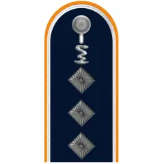 Dunkelblaues Kragenabzeichen mit silbernem Stab und Schlange, drei Rauten. Ein Feldwebel der Bundeswehr trägt dieses Abzeichen.