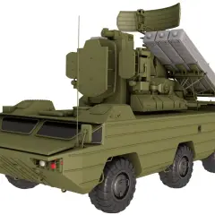 Grünes Militärfahrzeug mit Raketenwerfer und Radar, bereit für den Einsatz. SA-8.