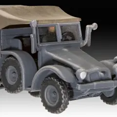 Graues Modell eines Krupp Protze Lkw mit Stoffverdeck. Das Fahrzeug hat grobstollige Reifen und eine detaillierte Frontpartie.