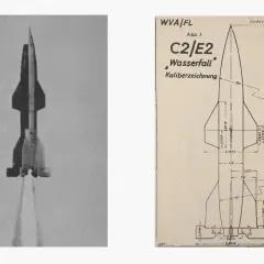 Eine Rakete mit dem Namen "Wasserfall" hebt ab. Daneben technische Zeichnungen mit Maßen.
