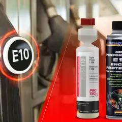 Benzin ohne Bioanteil: E10-Kraftstoff mit Schutzadditiven. Zapfpistole und zwei Flaschen Motoröl für Bio-Ethanol-Kraftstoffe.