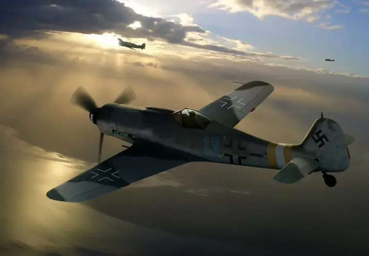 Eine FW 190 D9 fliegt durch dramatische Wolken, die Sonne bricht durch. Weitere Flugzeuge sind in der Ferne zu sehen.