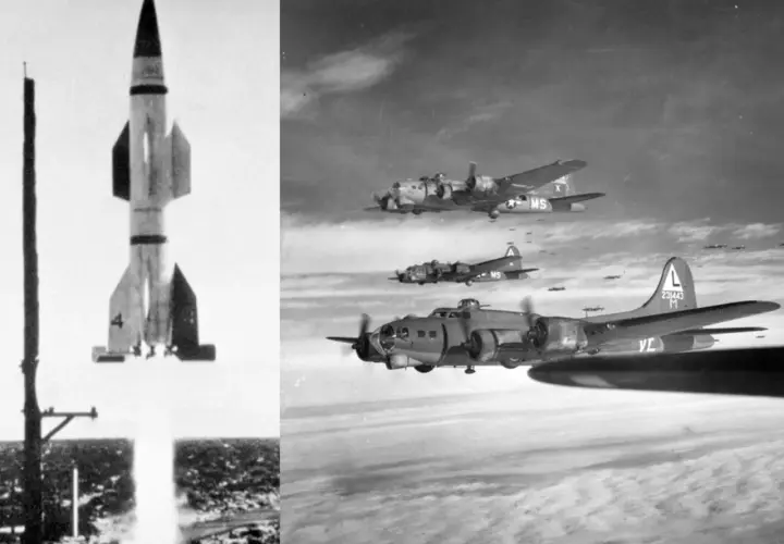 Eine Taifun Rakete startet, während B-17 Bomber im Himmel fliegen.