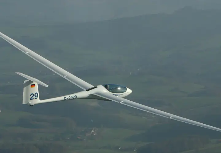 Ein Segelflugzeug, Modell ASG 29, mit der Kennung D-2929, fliegt über eine grüne Landschaft.