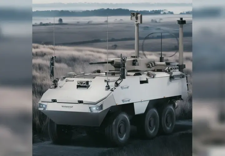 Ein gepanzertes Fahrzeug mit Bewaffnung steht in einer nebligen Landschaft. Die Frage, wo werden in Deutschland Panzer gebaut, bleibt offen.
