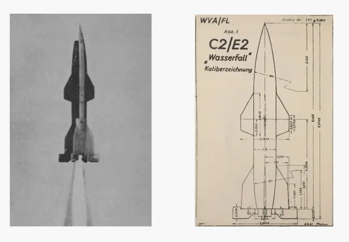 Eine Rakete mit dem Namen "Wasserfall" hebt ab. Daneben technische Zeichnungen mit Maßen.