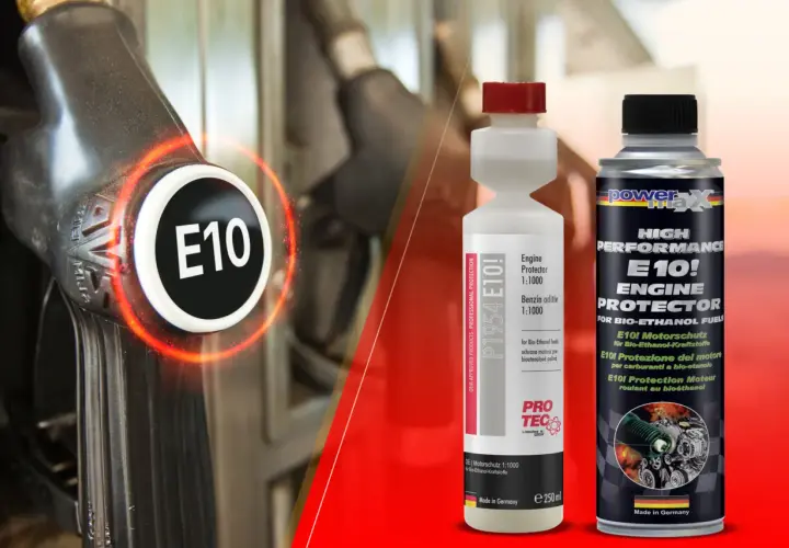 Benzin ohne Bioanteil: E10-Kraftstoff mit Schutzadditiven. Zapfpistole und zwei Flaschen Motoröl für Bio-Ethanol-Kraftstoffe.