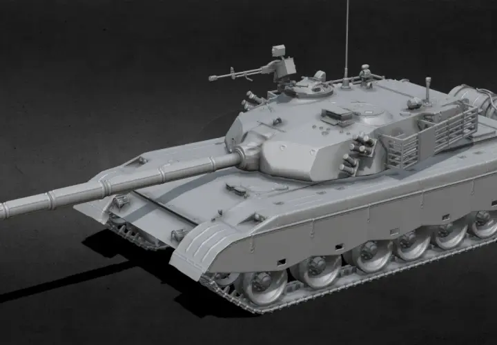 Grauer 3D-Render eines Kampfpanzers Typ 96 mit langer Kanone und Maschinengewehr.