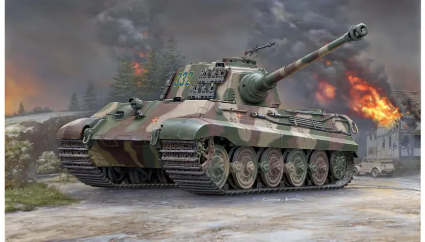 Ein Henschel Panzer mit der Nummer 332 steht vor einem brennenden Haus. Rauchwolken und Flammen dominieren den Hintergrund.