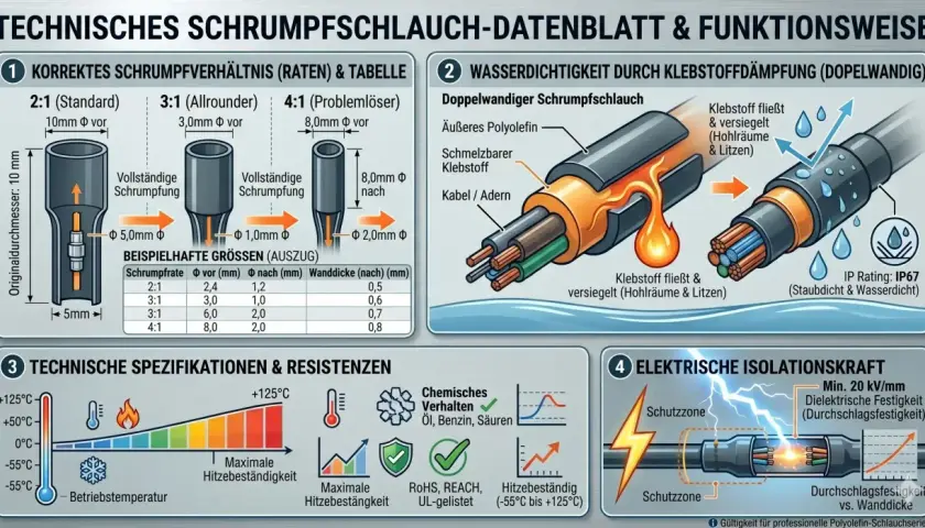 Schrumpfschlauch-Alternativen: Doppelwandiger Schrumpfschlauch mit Klebstoff für Wasserdichtigkeit (IP67), Hitzebeständigkeit und elektrische Isolation.