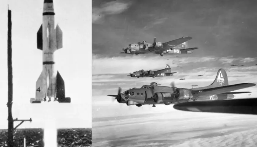 Eine Taifun Rakete startet, während B-17 Bomber im Himmel fliegen.