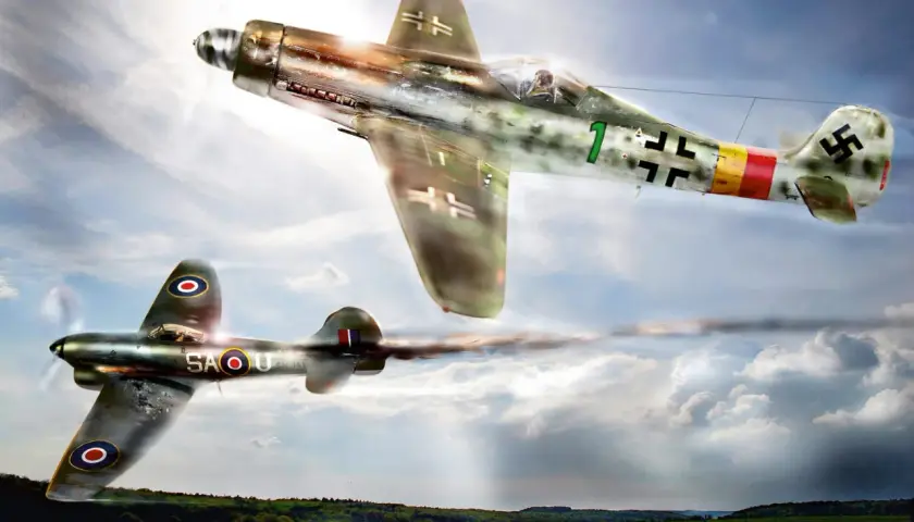 Ein Fw 190 ta 152 jagt einen Mustang über ein Feld.