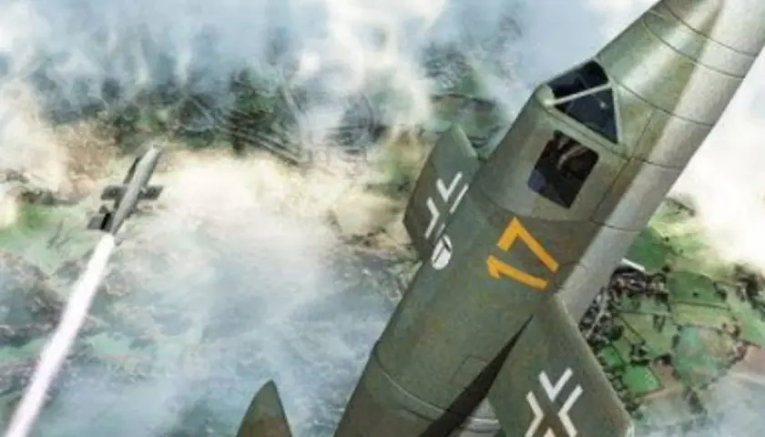 Ein Flugzeug Natter schießt in den Himmel, während eine Rakete darunter aufsteigt.