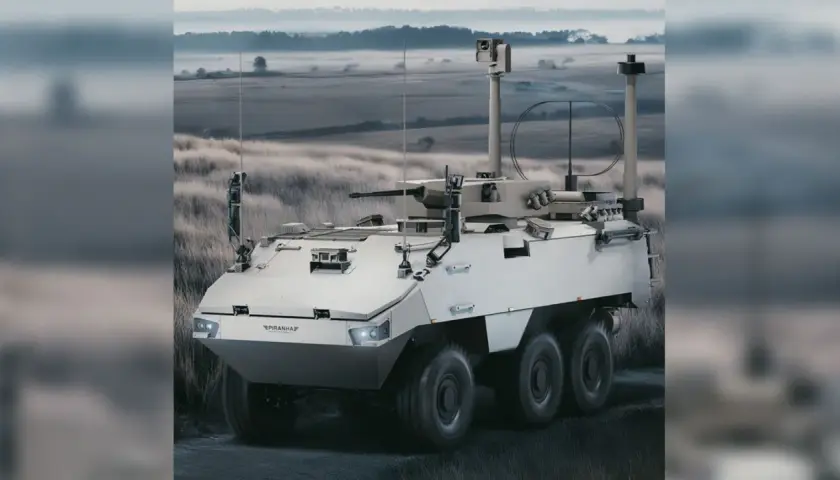 Ein gepanzertes Fahrzeug mit Bewaffnung steht in einer nebligen Landschaft. Die Frage, wo werden in Deutschland Panzer gebaut, bleibt offen.