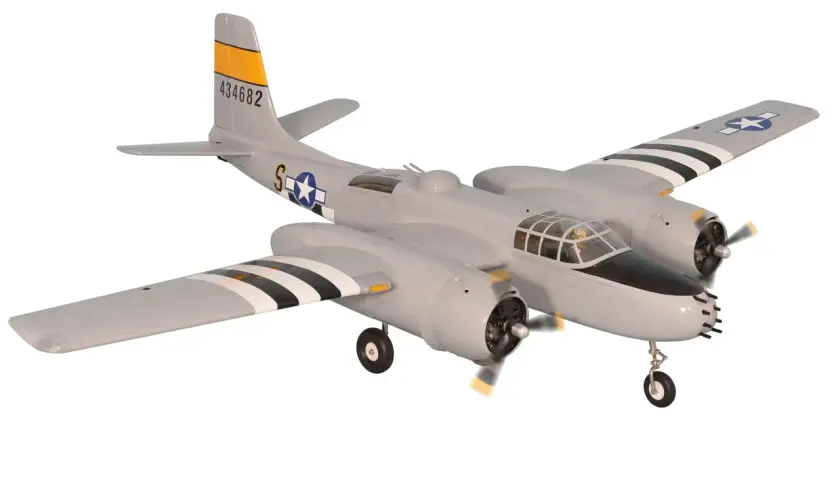 Graues Modellflugzeug, ein Douglas A-26 Invader, mit Sternen auf den Flügeln und Nummer 434682 auf dem Heck.