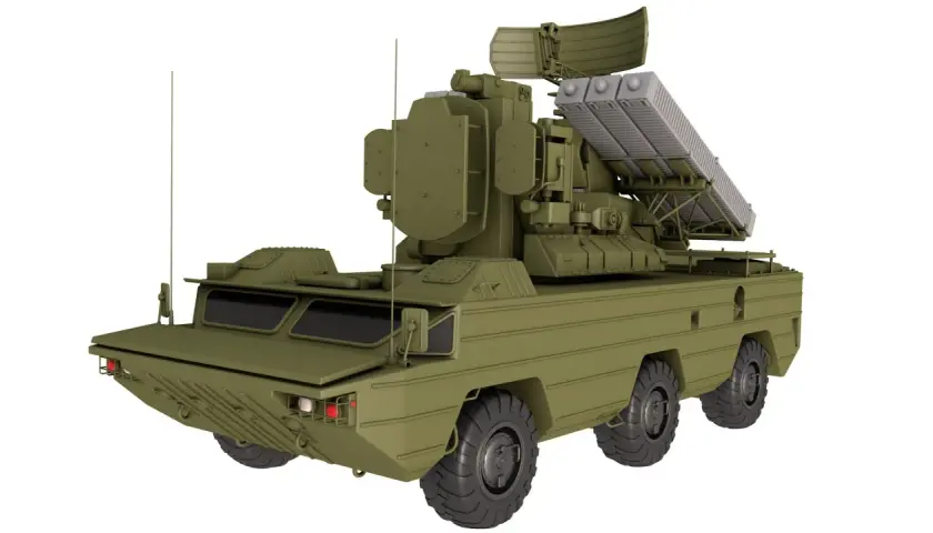 Grünes Militärfahrzeug mit Raketenwerfer und Radar, bereit für den Einsatz. SA-8.