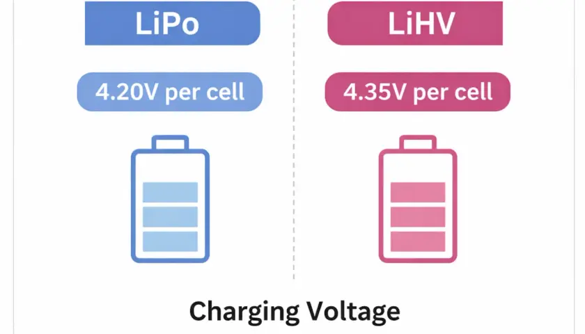 Vergleich der Ladeschlussspannung: LiPo bei 4.20V, LiHV bei 4.35V pro Zelle. Wichtig für 18650 Akkus.