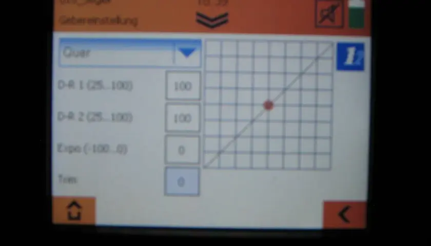 Einstellungen für einen Segler: Quer, D-R 1/2, Expo (-100..0) und Trim. Was bedeutet Expo? Hier wird es erklärt.