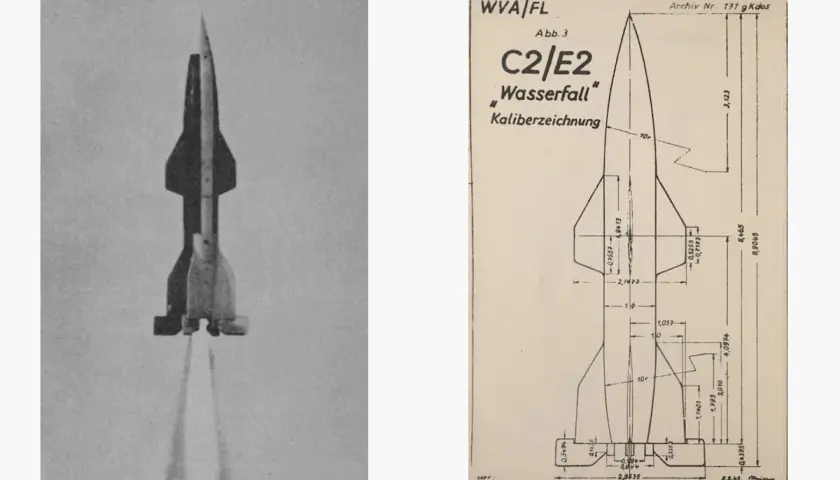Eine Rakete mit dem Namen "Wasserfall" hebt ab. Daneben technische Zeichnungen mit Maßen.