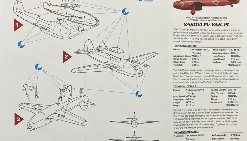 Technische Zeichnung der Yakovlev Yak-15, einem sowjetischen Jet-Trainer.