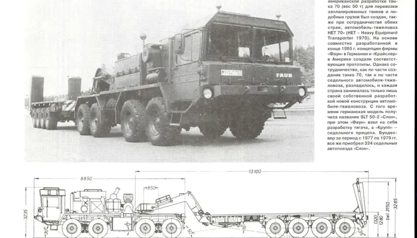 Ein schwerer Faun Panzertransporter mit langem, mehrachsigem Auflieger, bereit zum Transport von Militärfahrzeugen.