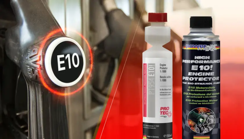 Benzin ohne Bioanteil: E10-Kraftstoff mit Schutzadditiven. Zapfpistole und zwei Flaschen Motoröl für Bio-Ethanol-Kraftstoffe.