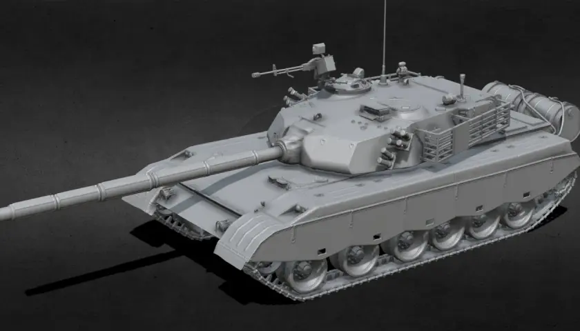 Grauer 3D-Render eines Kampfpanzers Typ 96 mit langer Kanone und Maschinengewehr.