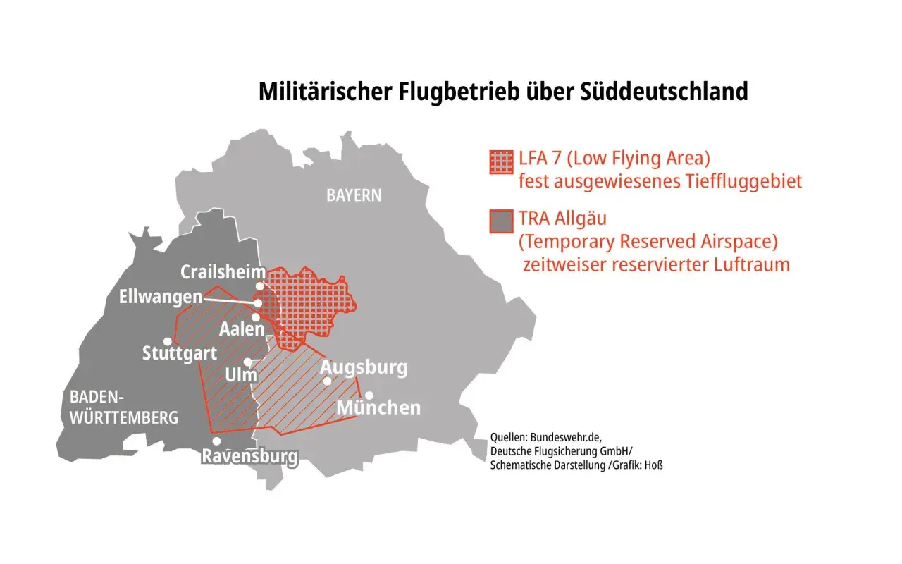 Karte zeigt militärische Fluggebiete in Süddeutschland, darunter ein Tieffluggebiet der Bundeswehr.