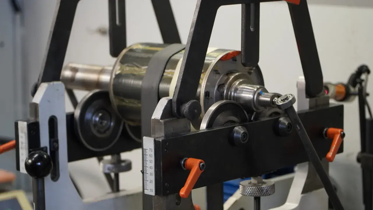 Ein Motorrotor wird in einer Prüfeinrichtung gelagert, um die Wicklungen zu messen.