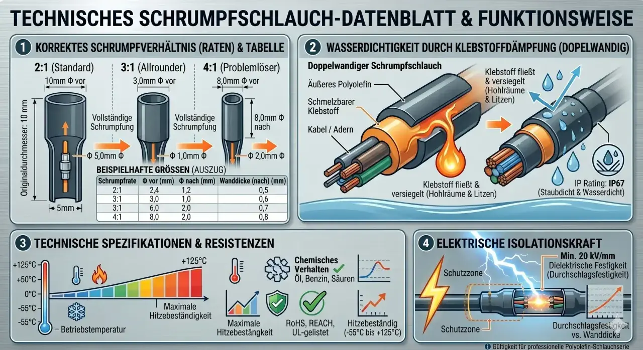 Schrumpfschlauch-Alternativen: Doppelwandiger Schrumpfschlauch mit Klebstoff für Wasserdichtigkeit (IP67), Hitzebeständigkeit und elektrische Isolation.