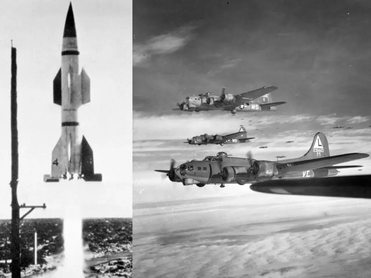 Eine Taifun Rakete startet, während B-17 Bomber im Himmel fliegen.