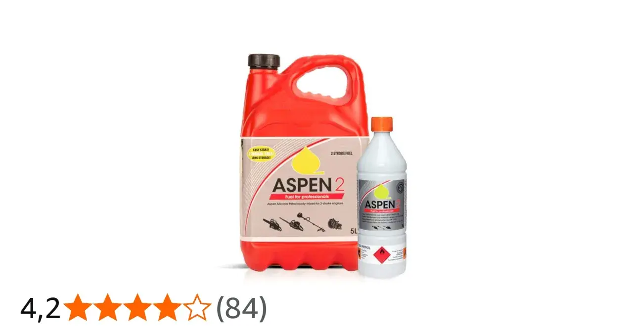 Zwei Behälter Aspen 2-Takt-Kraftstoff. Die Vorteile von Aspen Benzin sind einfach zu starten und lange Lagerung, Nachteile sind nicht ersichtlich.