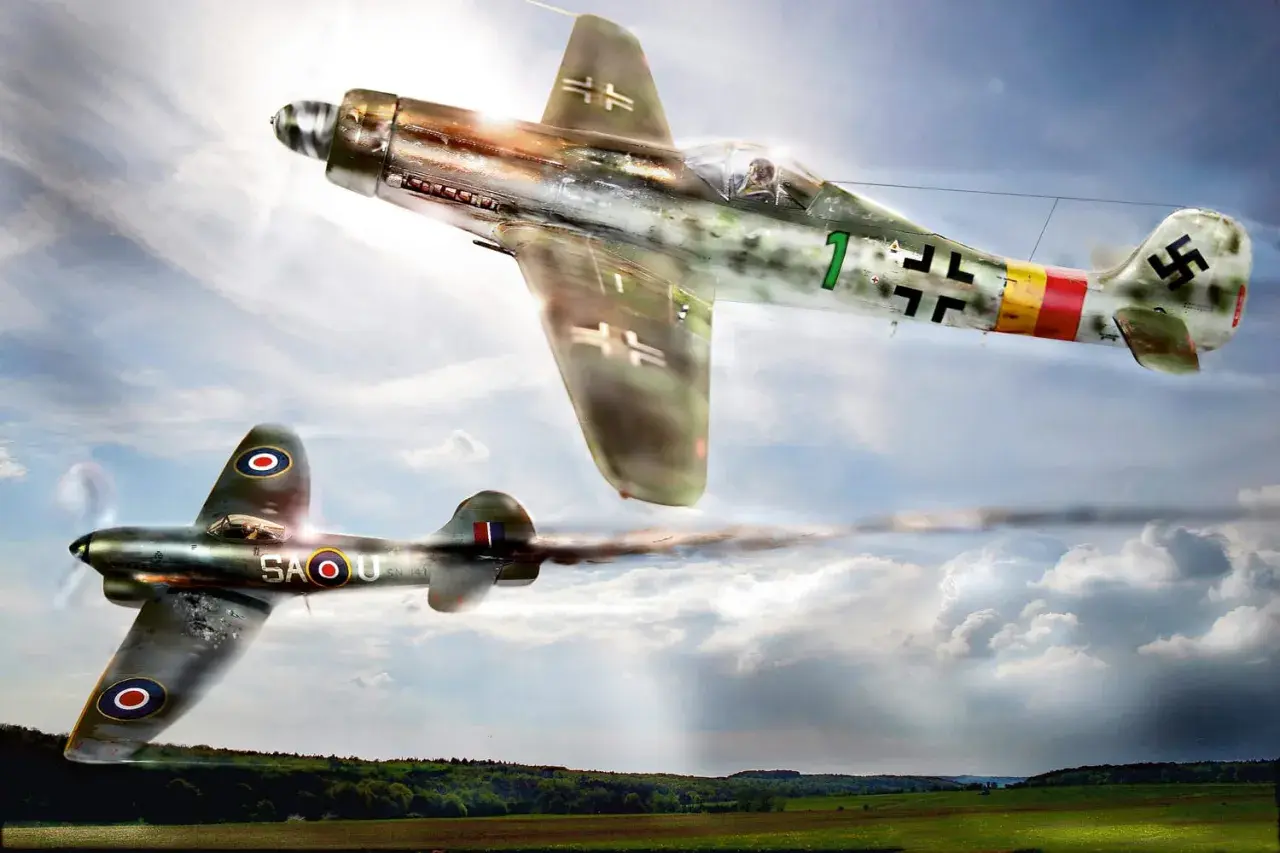Ein Fw 190 ta 152 jagt einen Mustang über ein Feld.
