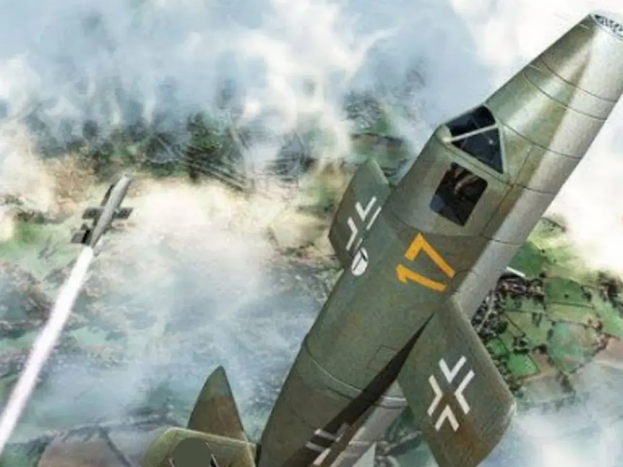 Ein Flugzeug Natter schießt in den Himmel, während eine Rakete darunter aufsteigt.