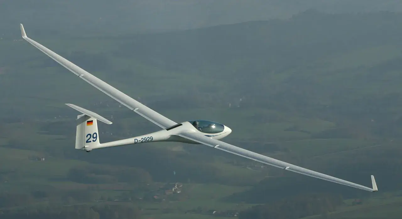 Ein Segelflugzeug, Modell ASG 29, mit der Kennung D-2929, fliegt über eine grüne Landschaft.