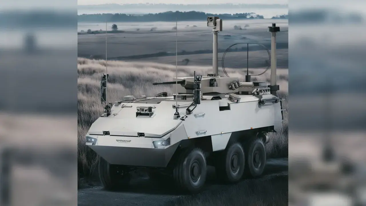 Ein gepanzertes Fahrzeug mit Bewaffnung steht in einer nebligen Landschaft. Die Frage, wo werden in Deutschland Panzer gebaut, bleibt offen.