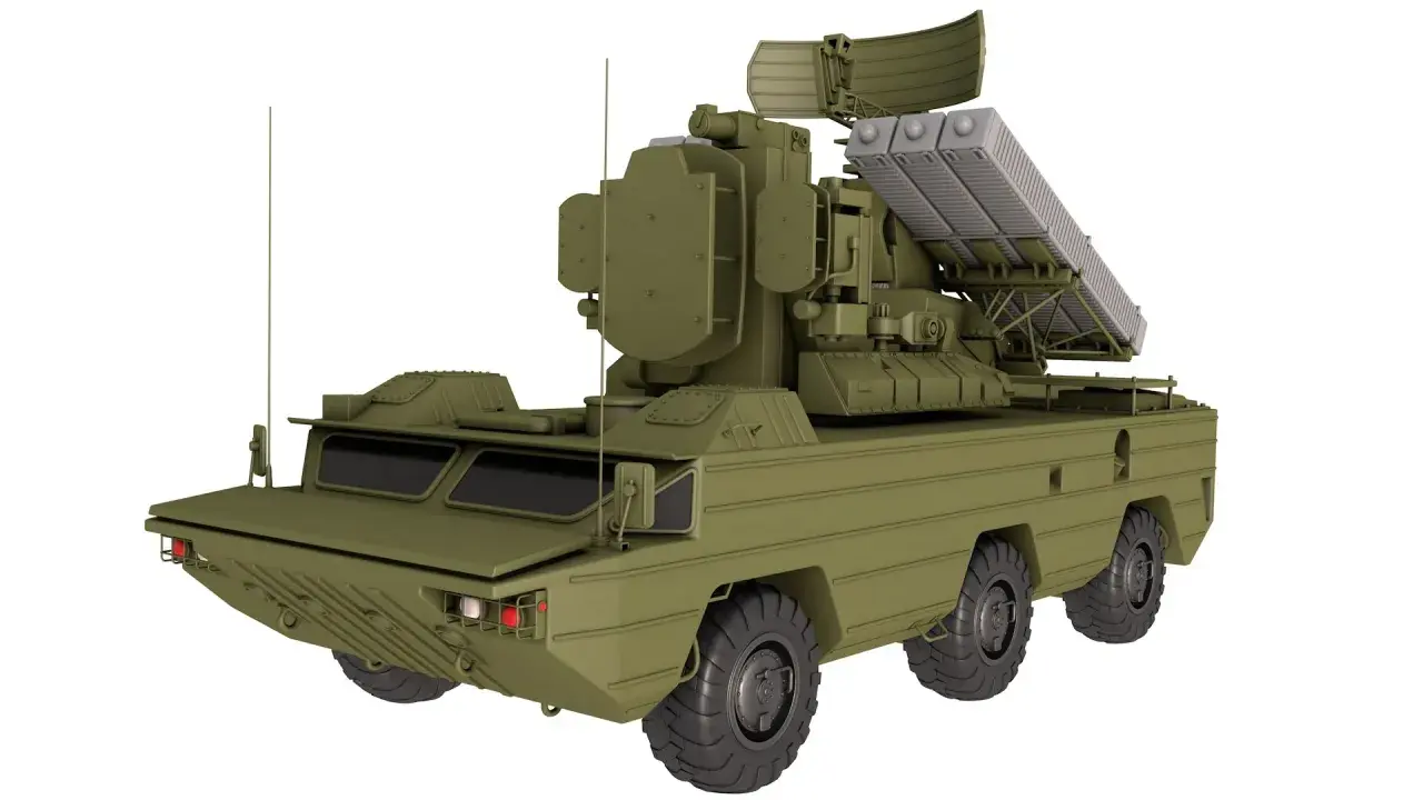 Grünes Militärfahrzeug mit Raketenwerfer und Radar, bereit für den Einsatz. SA-8.