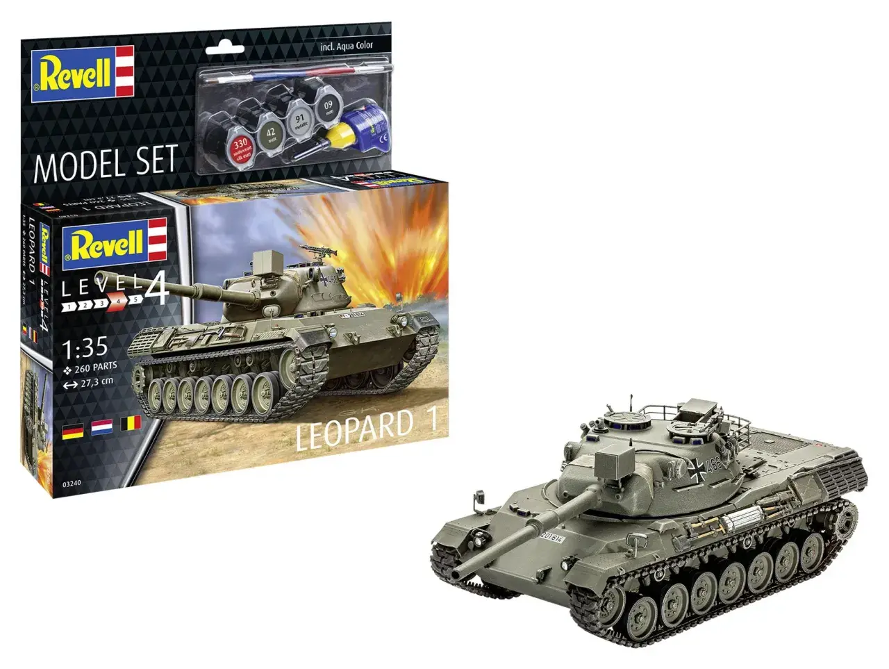 Revell Modellbausatz des Leopard 1 Panzers, inklusive Farben und Pinsel. Der Bausatz ist im Maßstab 1:35.