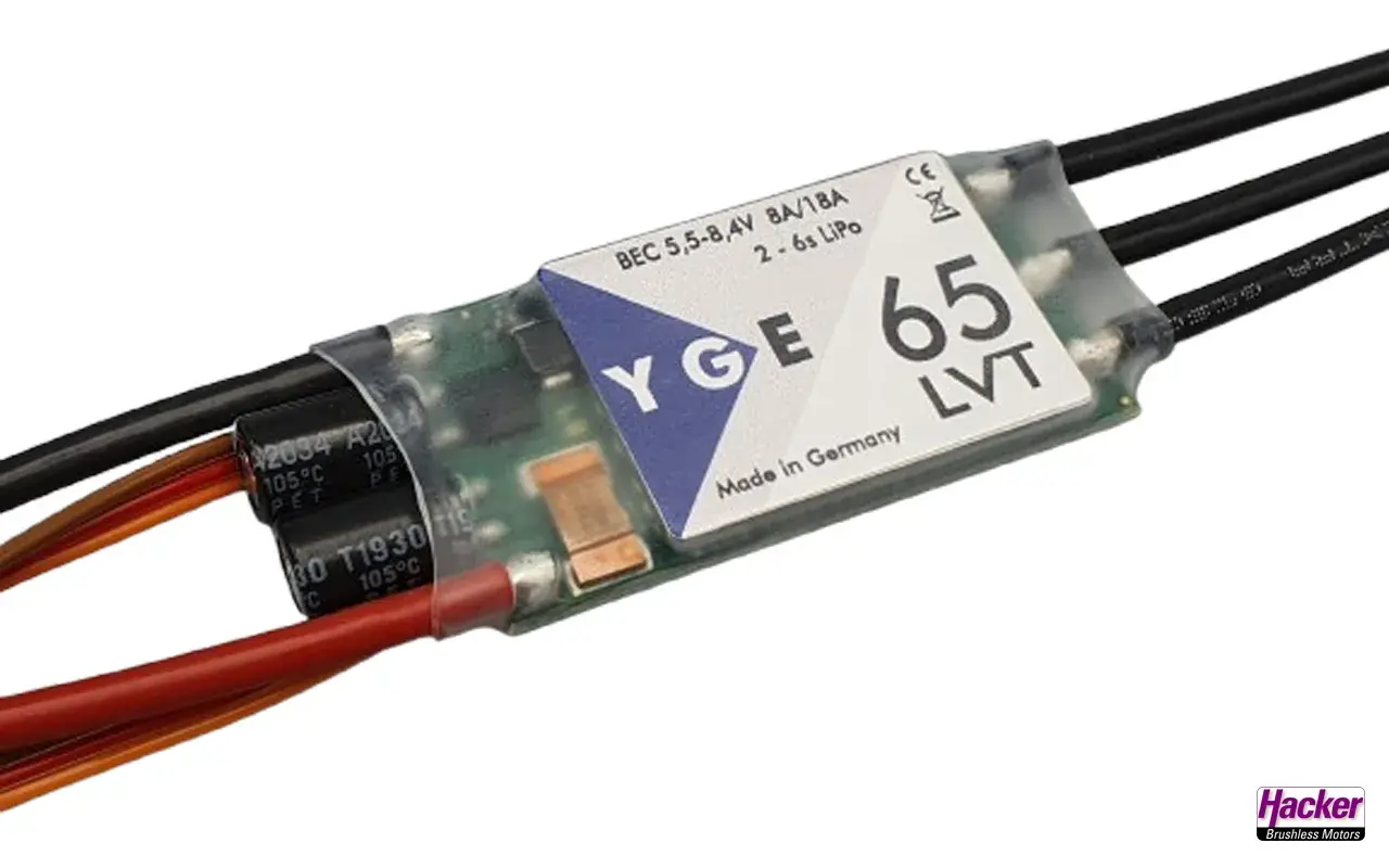 YGE 65 LVT Regler programmieren: Elektronik mit Kabeln und Kondensatoren, Made in Germany.