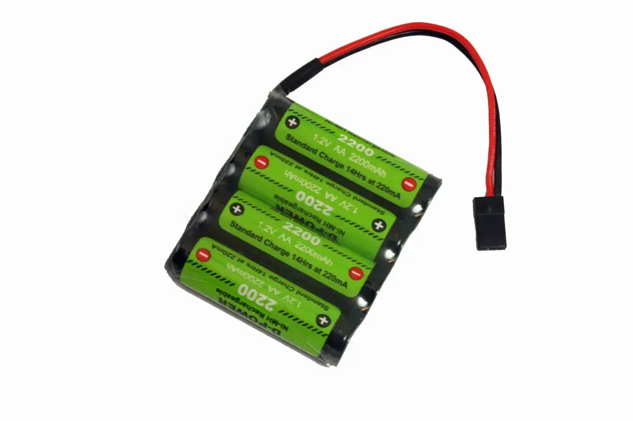 Vier AA NiMH Akkus mit 2200mAh Kapazität, bereit für das richtige Laden.
