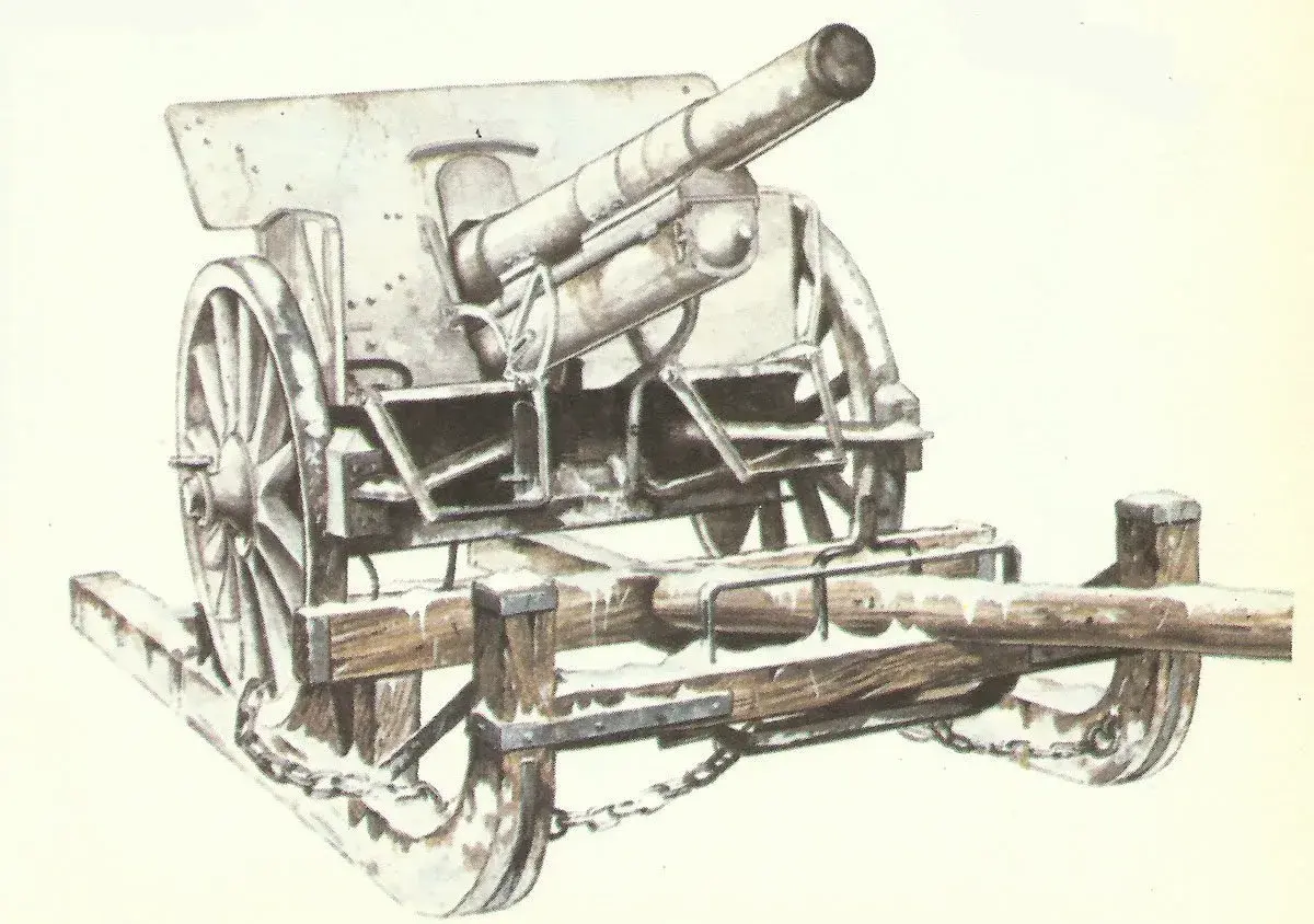 Eine Haubitze der Wehrmacht, dargestellt auf einem hölzernen Schlitten mit Schneebedeckung, bereit für den Einsatz im Winter.
