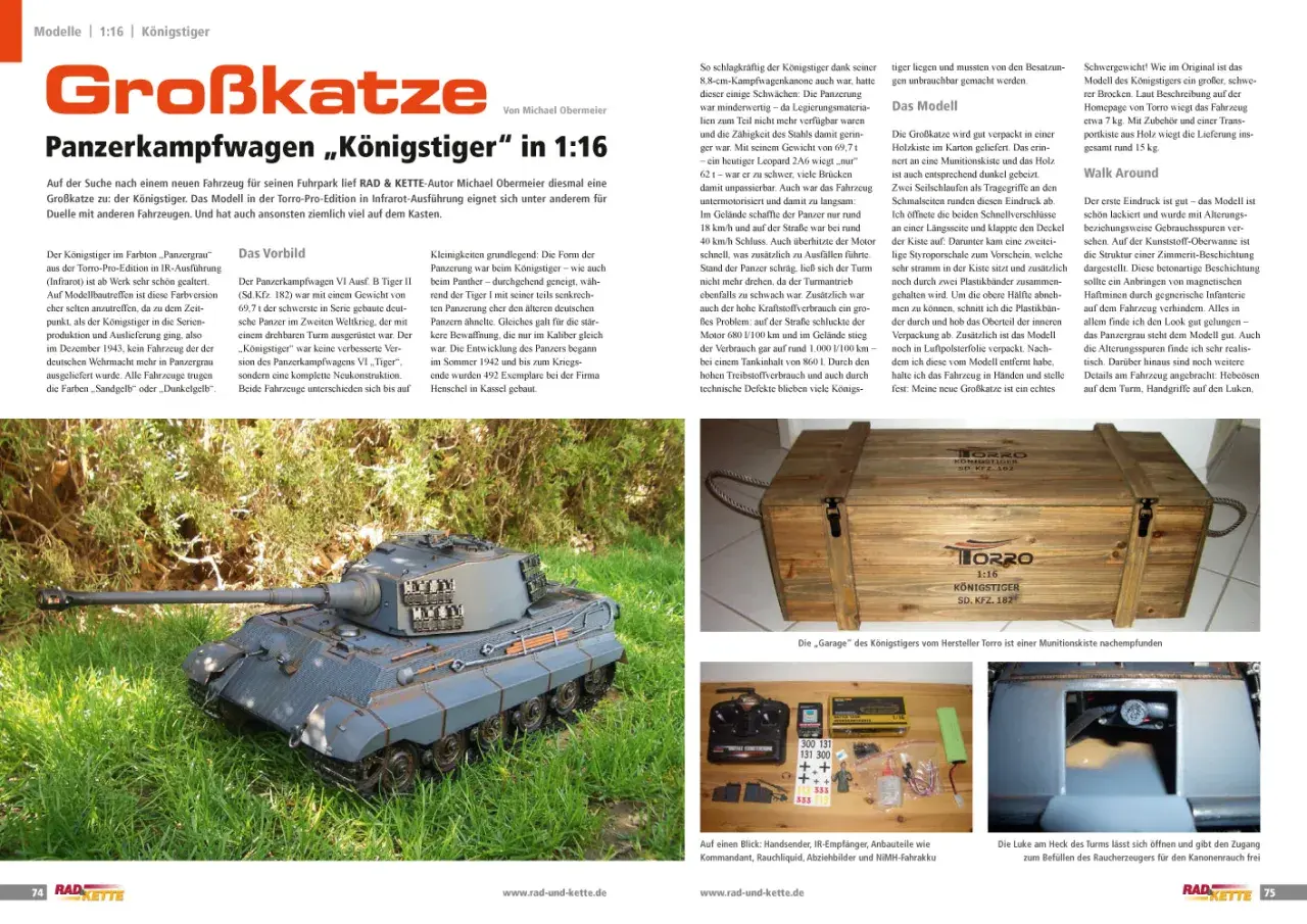 Ein detailgetreues Modell des finnischen Panzers Königstiger im Maßstab 1:16, verpackt in einer Holzkiste.