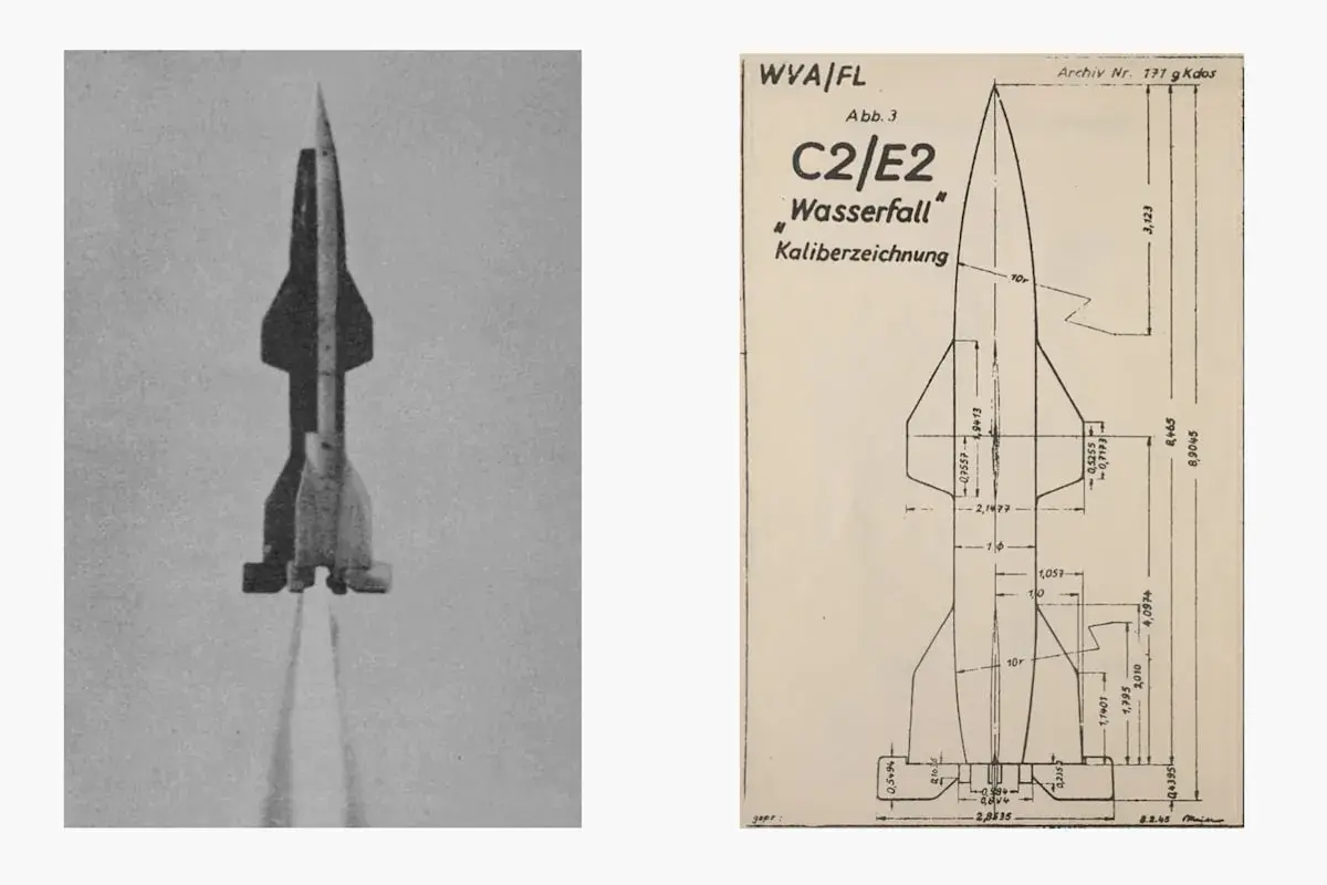 Eine Rakete mit dem Namen "Wasserfall" hebt ab. Daneben technische Zeichnungen mit Maßen.