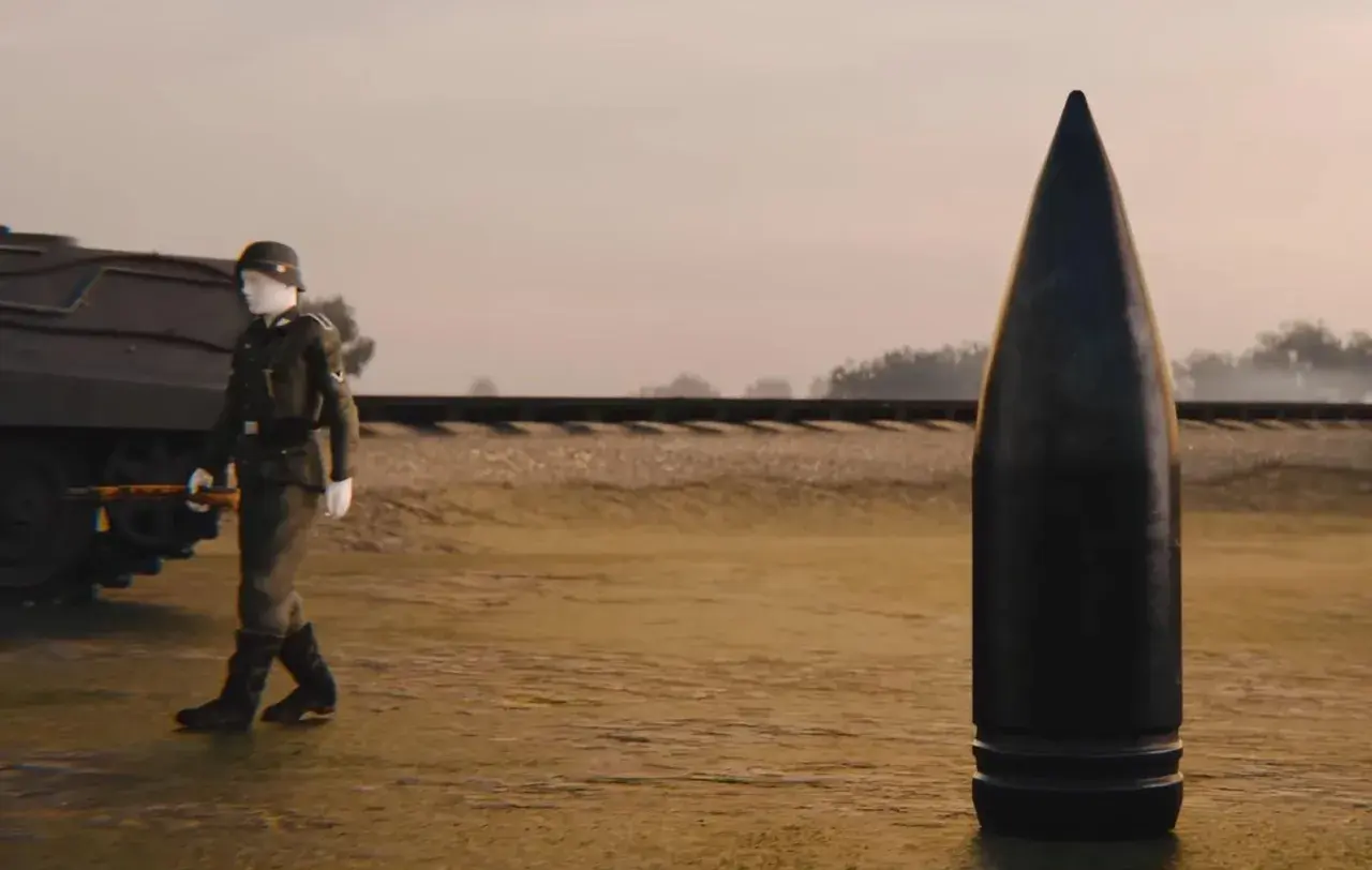 Ein Soldat geht an einer riesigen Kugel vorbei, die schwerer Gustav Munition darstellt. Im Hintergrund ist eine Eisenbahnlinie zu sehen.