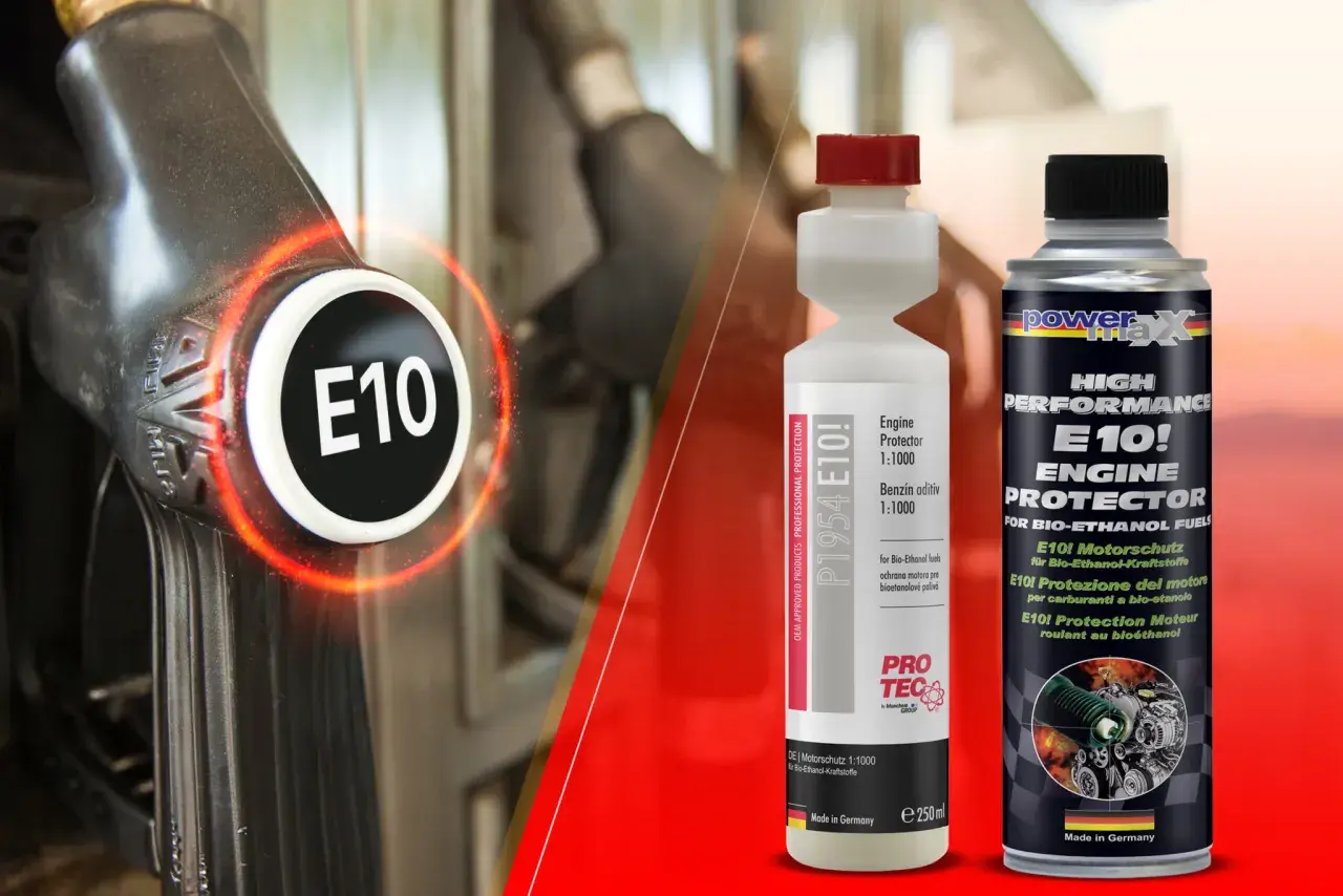Benzin ohne Bioanteil: E10-Kraftstoff mit Schutzadditiven. Zapfpistole und zwei Flaschen Motoröl für Bio-Ethanol-Kraftstoffe.