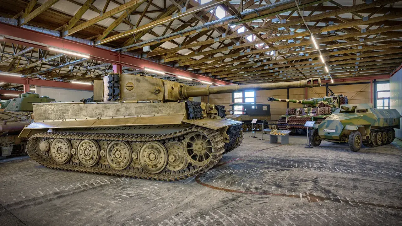 Im **Museum Panzer** stehen mehrere historische Fahrzeuge, darunter ein Tiger-Panzer und ein Halbkettenfahrzeug.