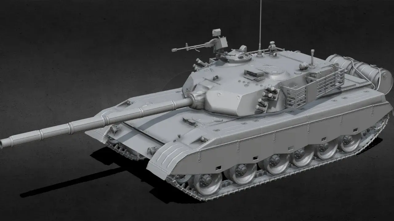 Grauer 3D-Render eines Kampfpanzers Typ 96 mit langer Kanone und Maschinengewehr.
